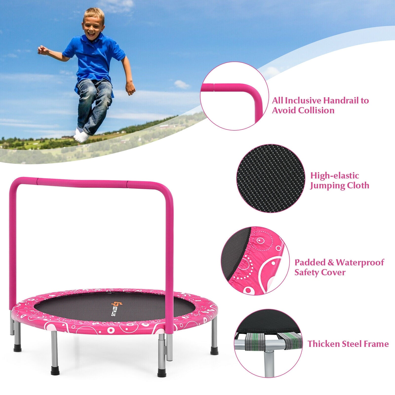 Trampoline 36 pouces pour enfants Mini Rebondeur avec Main Courante Entièrement Recouverte - Rose