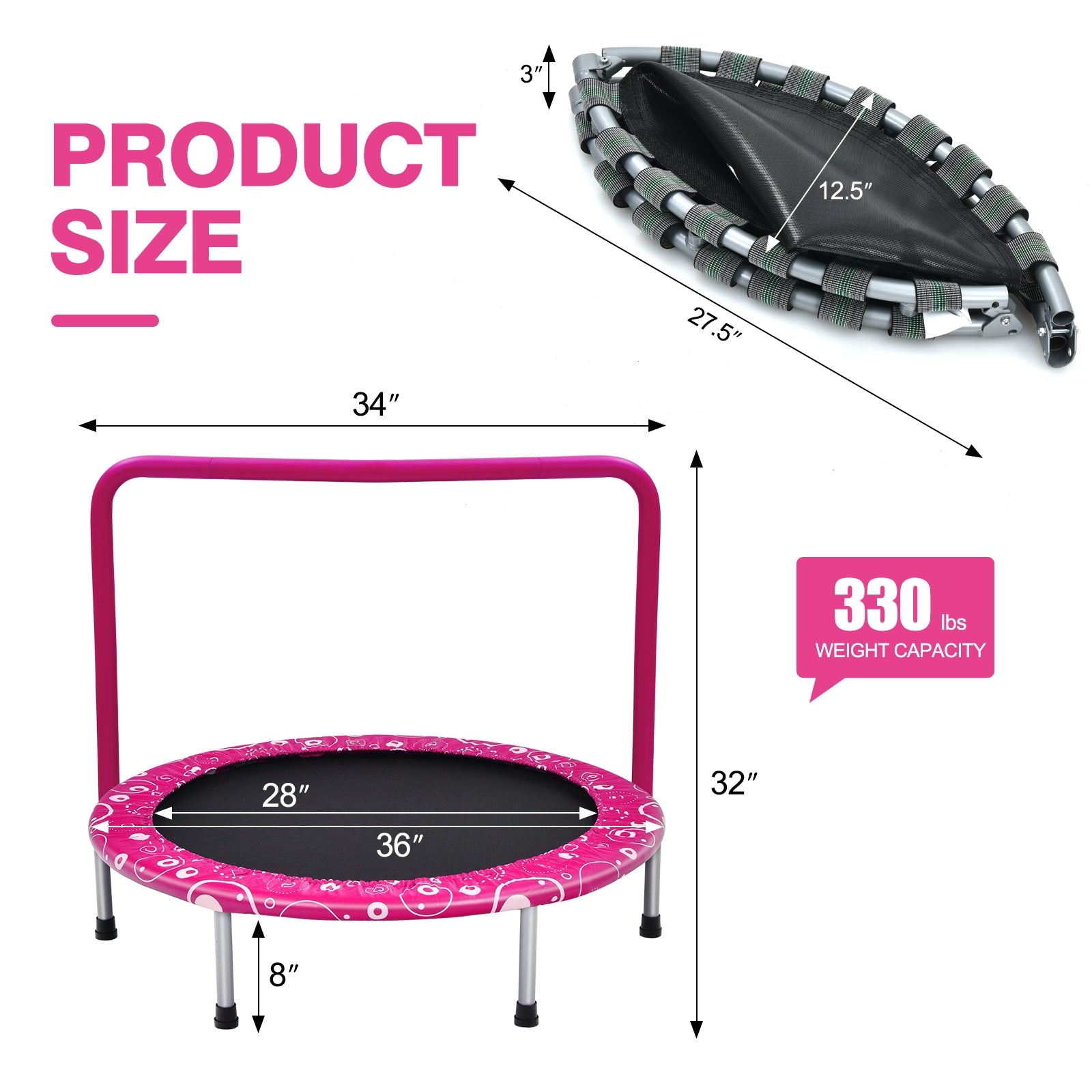 Trampoline 36 pouces pour enfants Mini Rebondeur avec Main Courante Entièrement Recouverte - Rose