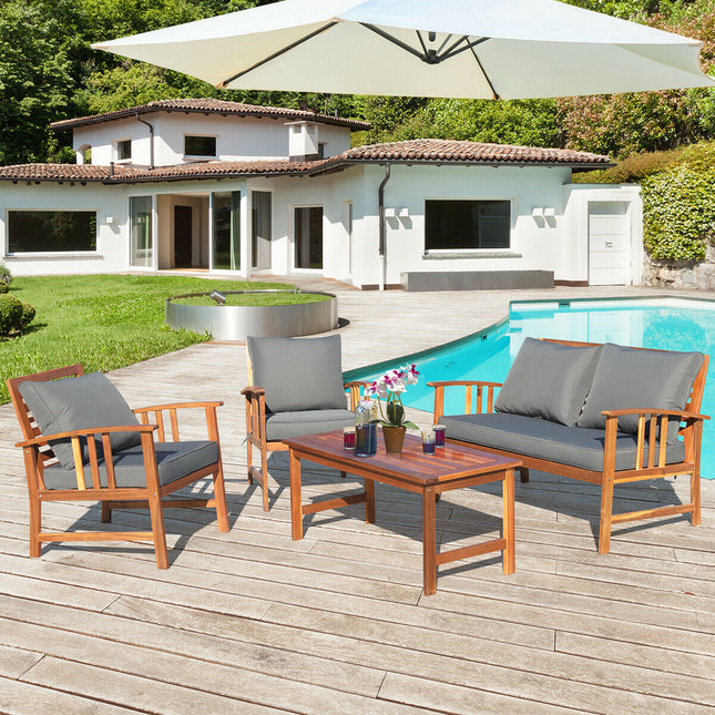 4 Pieces Wooden Patio Furniture Set with Table and Sofa Chair