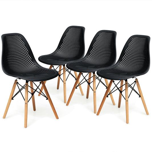 4 Pieces Modern Plastic Hollow Chair Set with Wood LegBlack