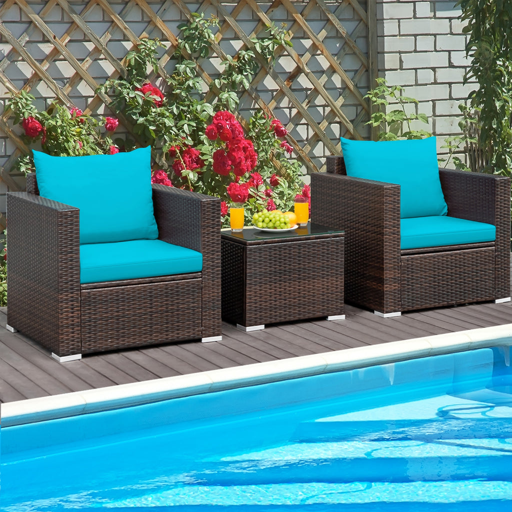 Ensemble de meubles de conversation en rotin de 3 pièces pour patio avec coussin – Turquoise