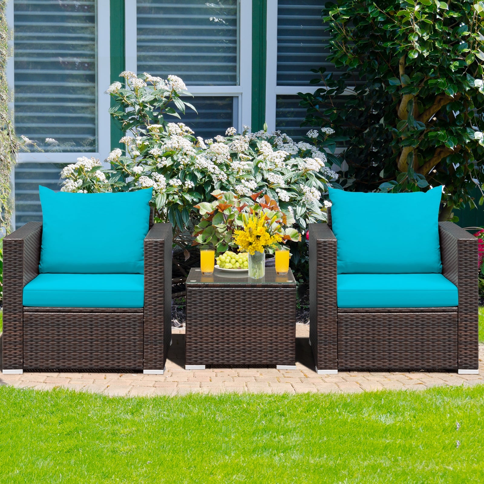 Ensemble de meubles de conversation en rotin de 3 pièces pour patio avec coussin – Turquoise
