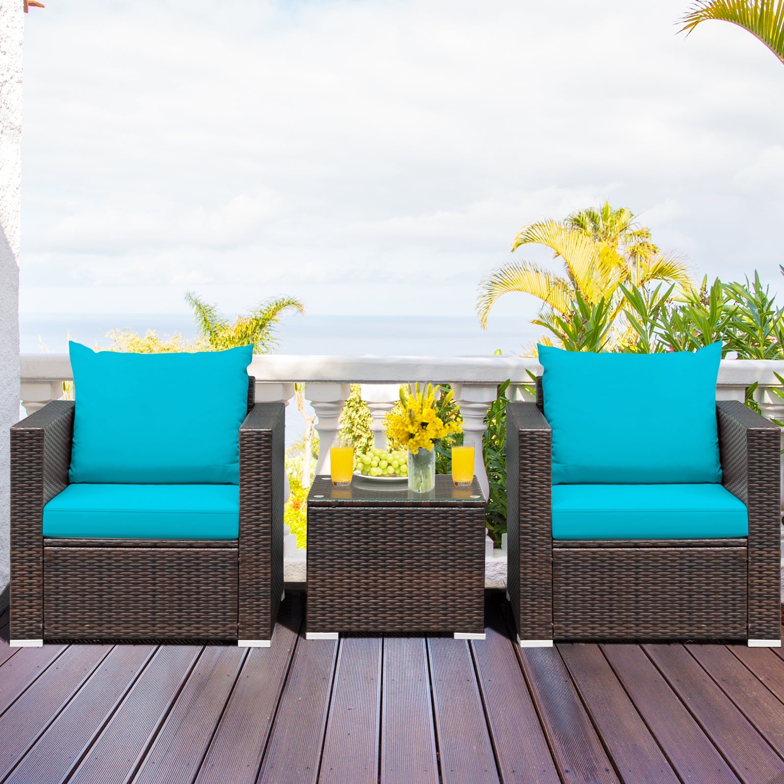 Ensemble de meubles de conversation en rotin de 3 pièces pour patio avec coussin – Turquoise
