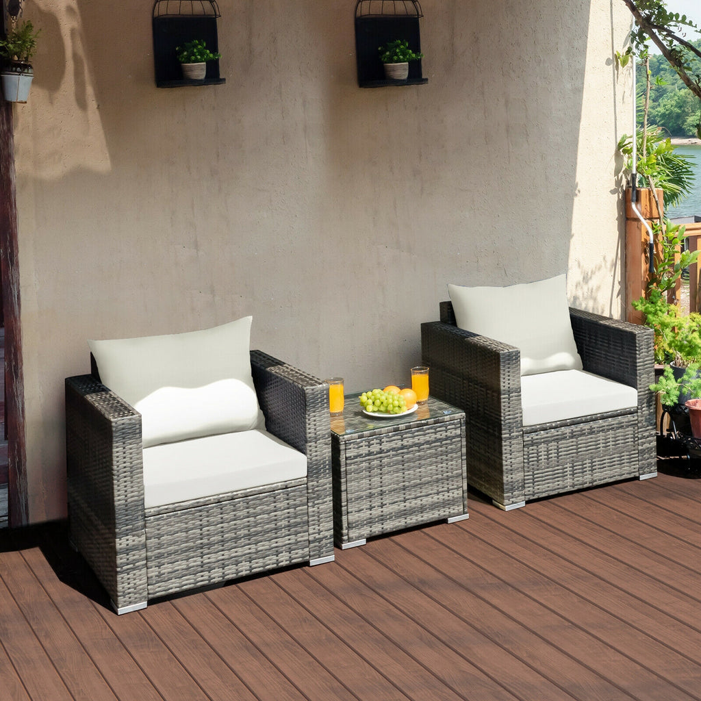 Ensemble de bistro 3 pièces en rotin pour patio avec coussins – Blanc