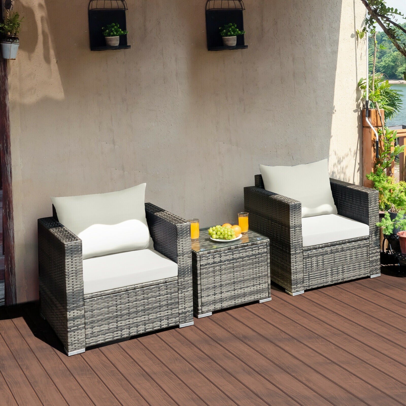 Ensemble de bistro 3 pièces en rotin pour patio avec coussins – Blanc
