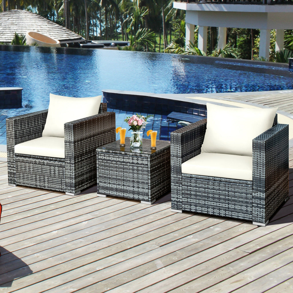 Ensemble de bistro 3 pièces en rotin pour patio avec coussins – Blanc