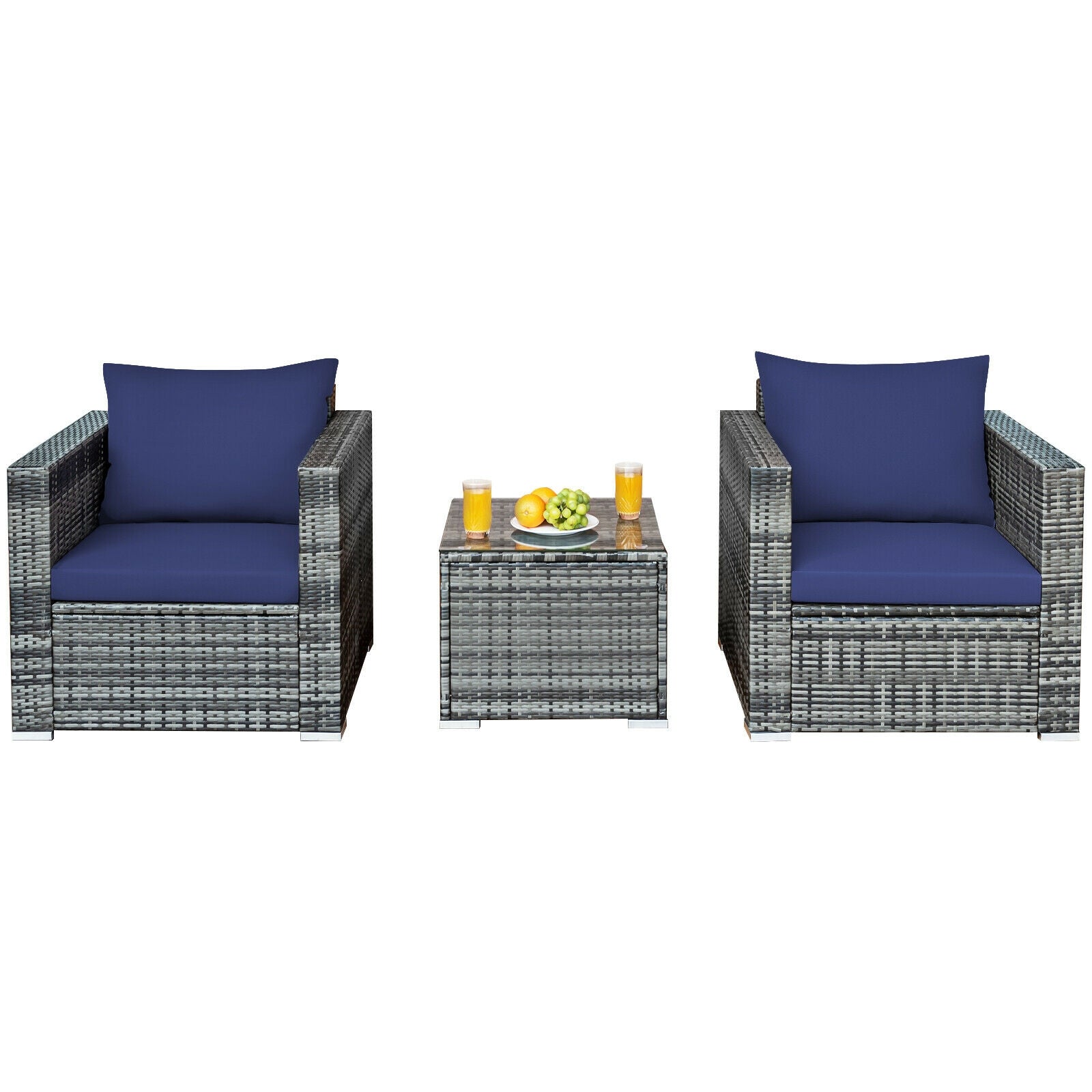 Ensemble de 3 meubles de patio en rotin pour bistrot avec coussins – Bleu marine