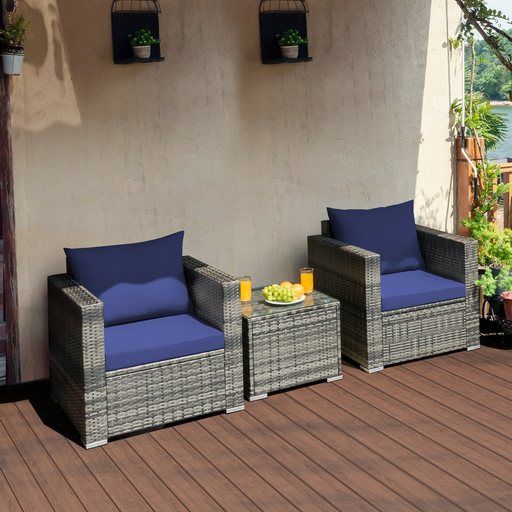 Ensemble de 3 meubles de patio en rotin pour bistrot avec coussins – Bleu marine