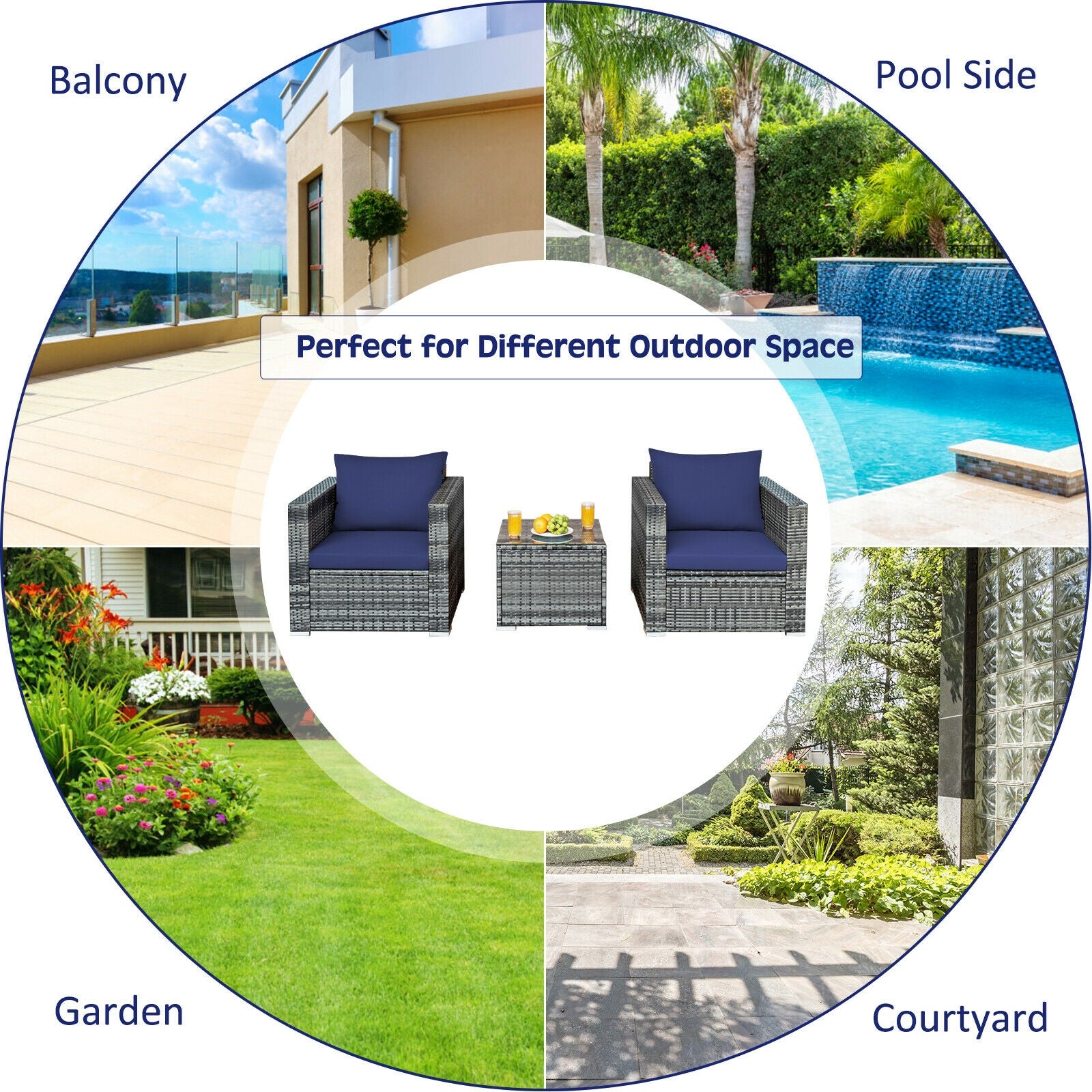 Ensemble de 3 meubles de patio en rotin pour bistrot avec coussins – Bleu marine