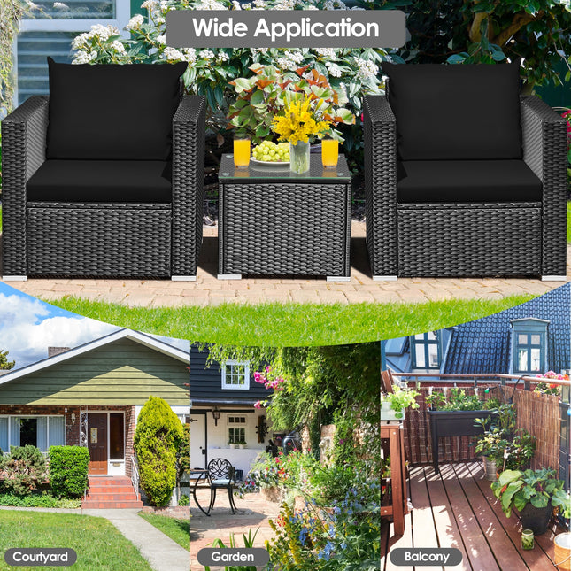3 Pieces Patio Wicker Conversation Set with Cushion-Black
