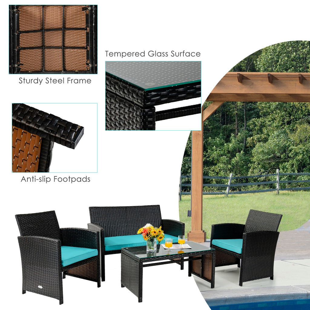 Ensemble de mobilier de patio en rotin capitonné 4 pièces - Vert