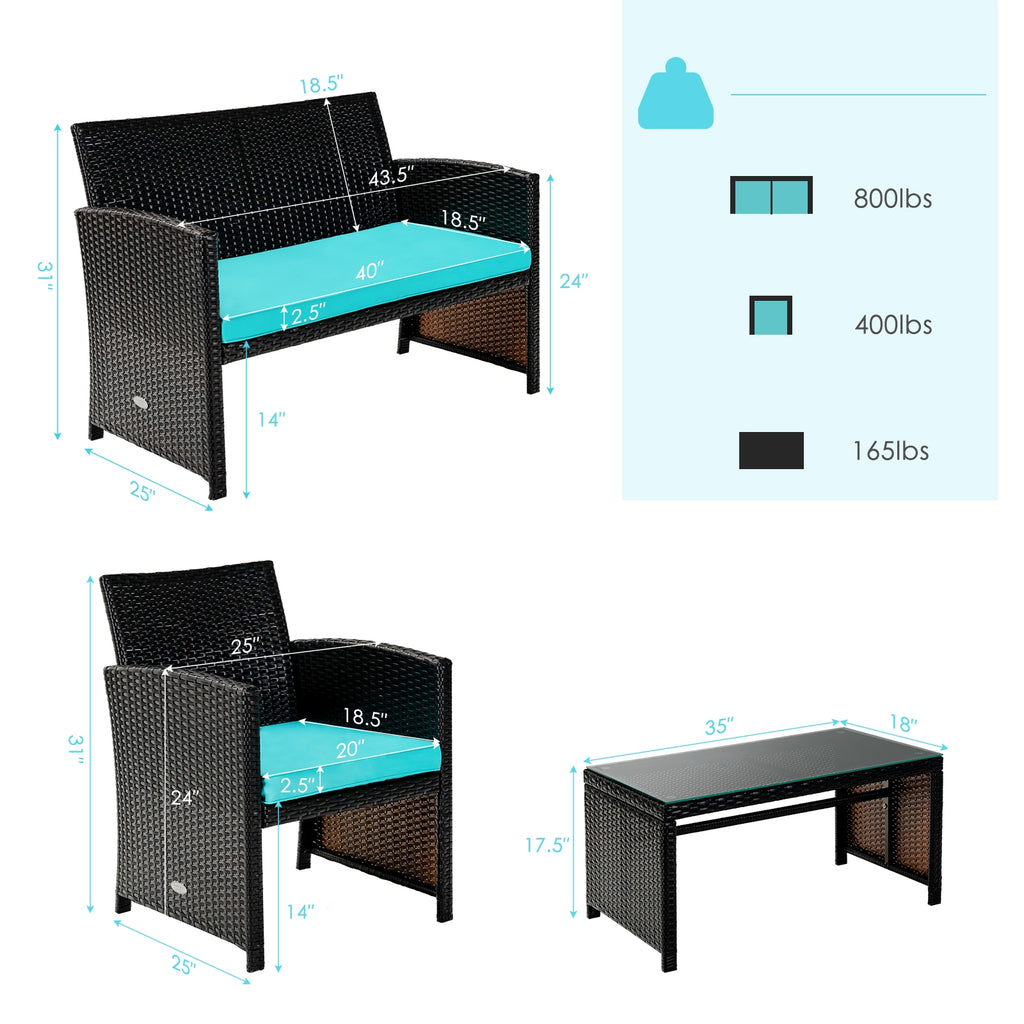 Ensemble de mobilier de patio en rotin capitonné 4 pièces - Vert