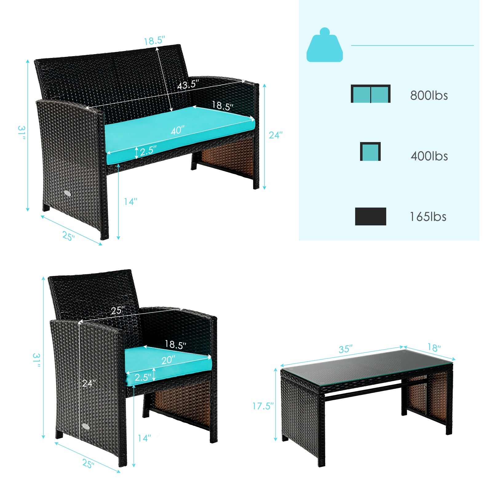 Ensemble de mobilier de patio en rotin capitonné 4 pièces - Vert