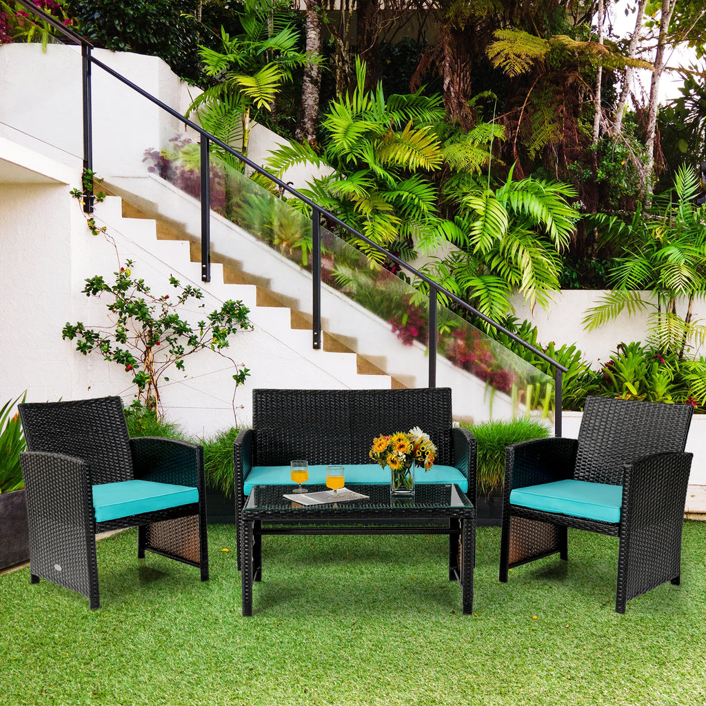 Ensemble de mobilier de patio en rotin capitonné 4 pièces - Vert
