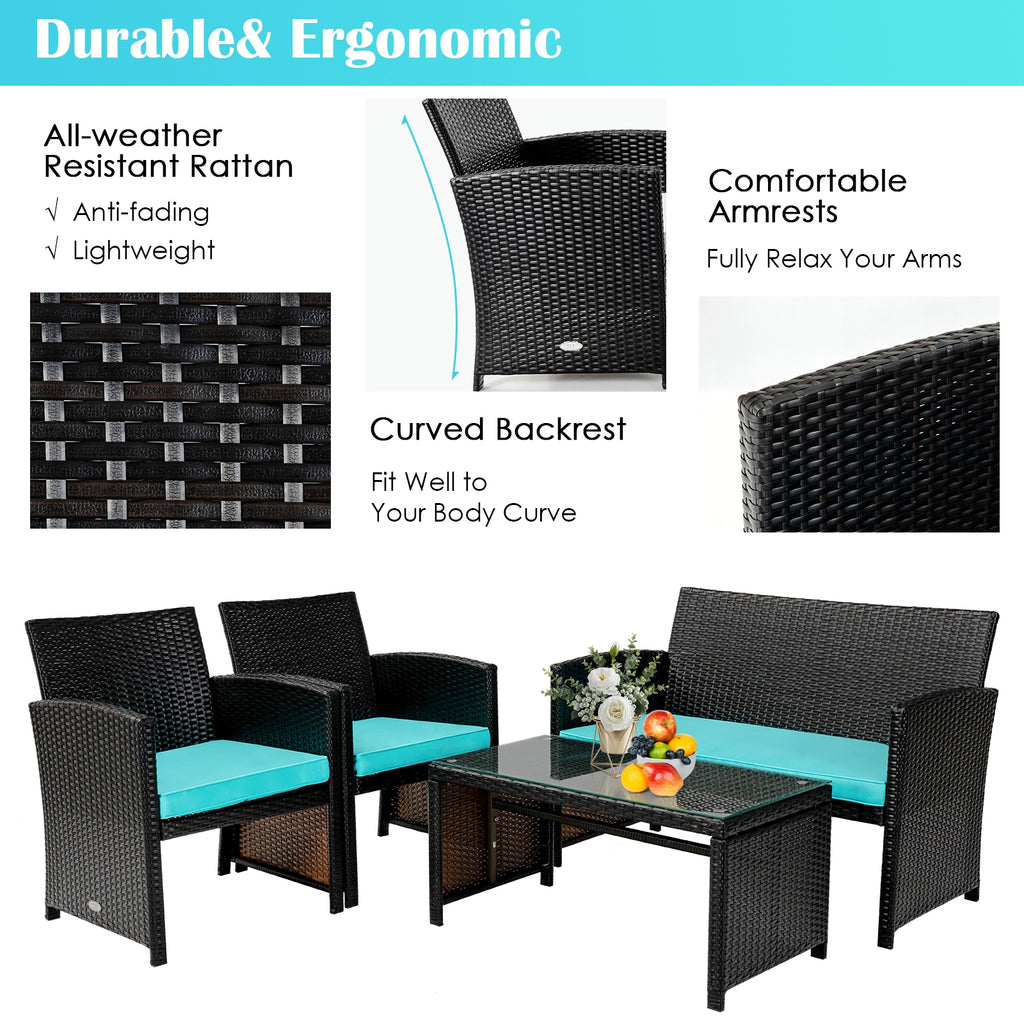 Ensemble de mobilier de patio en rotin capitonné 4 pièces - Vert