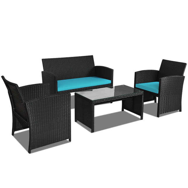 4 Pieces Rattan Patio Furniture Set with Weather Resistant Cushions and Tempered Glass TabletopTurquoise