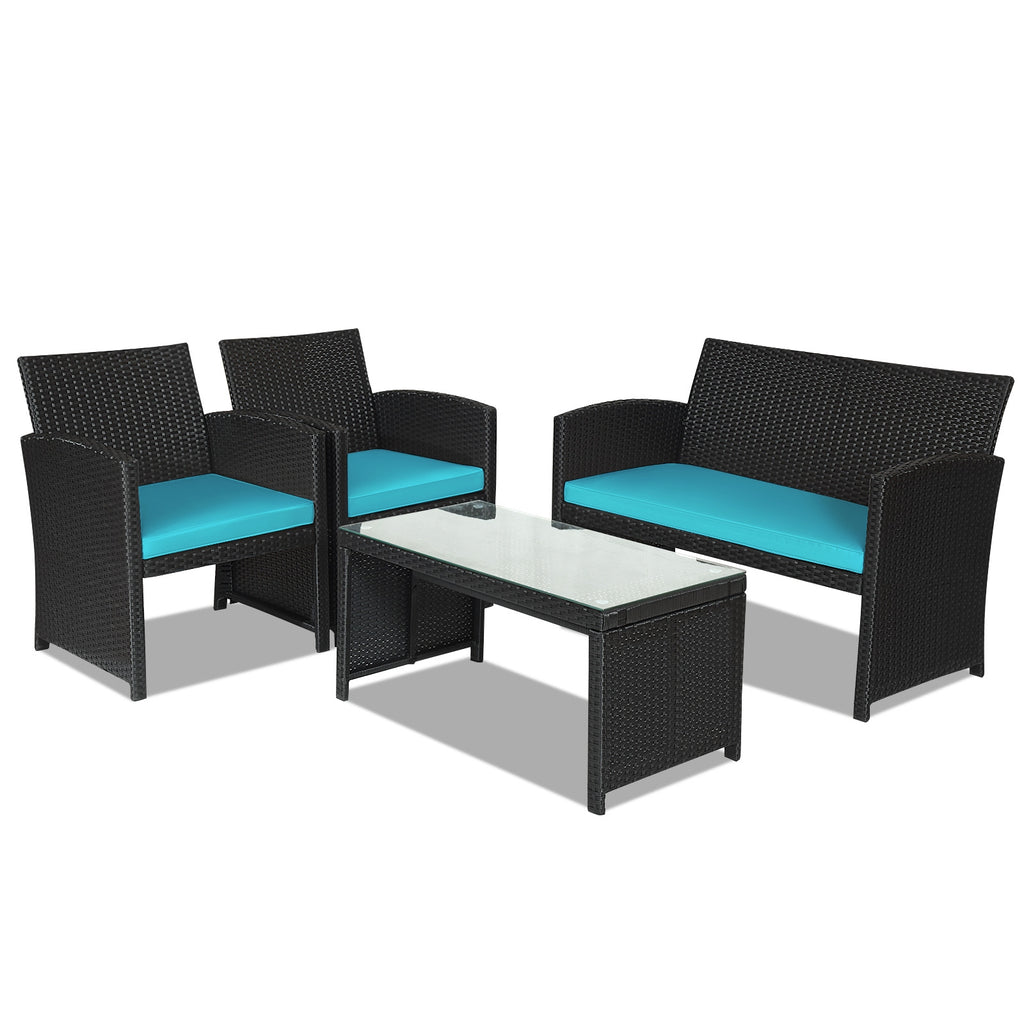 Ensemble de mobilier de patio en rotin 4 pièces avec coussins résistants aux intempéries et plateau de table en verre trempé-Turquoise