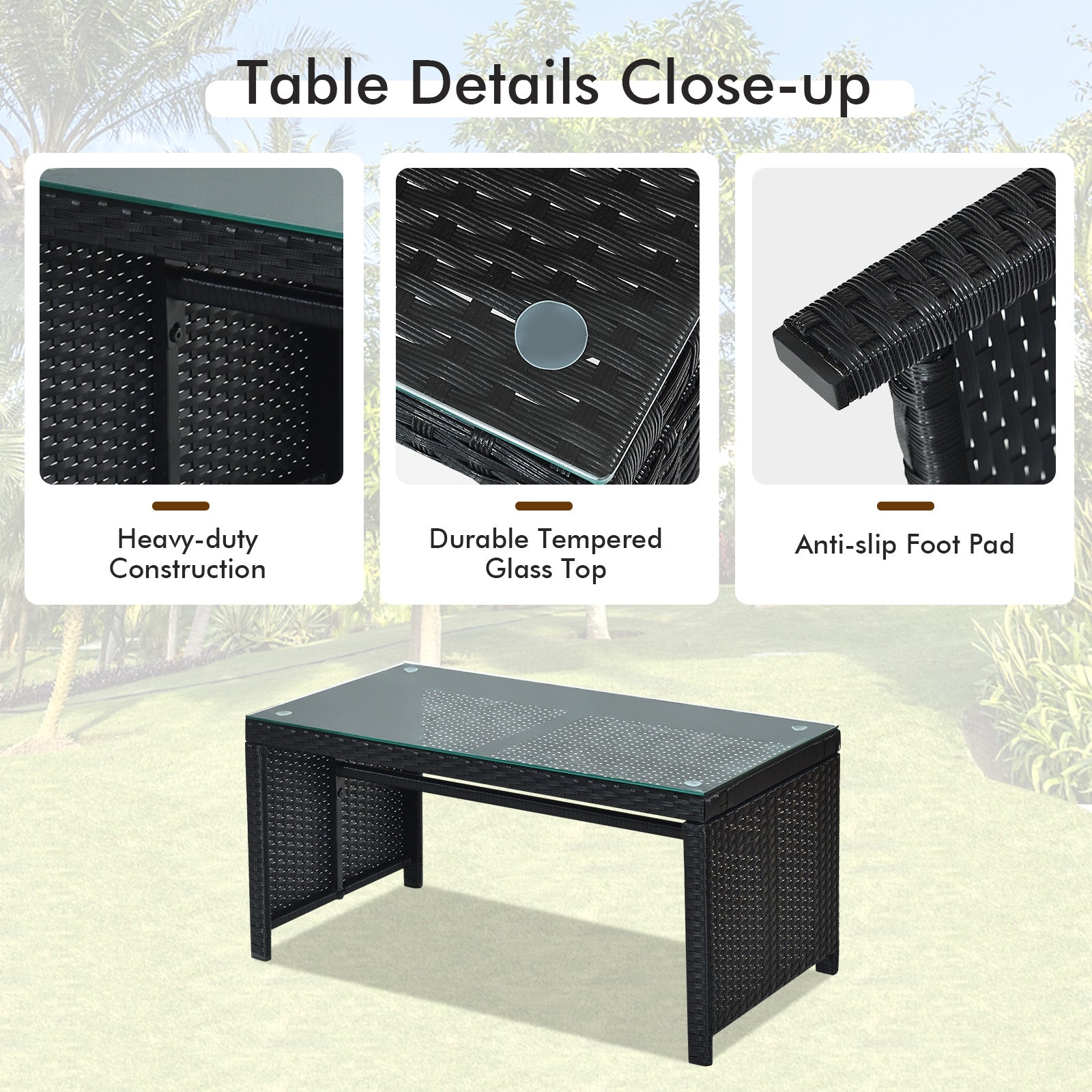 Ensemble de mobilier de patio en rotin 4 pièces avec coussins résistants aux intempéries et plateau de table en verre trempé-Turquoise