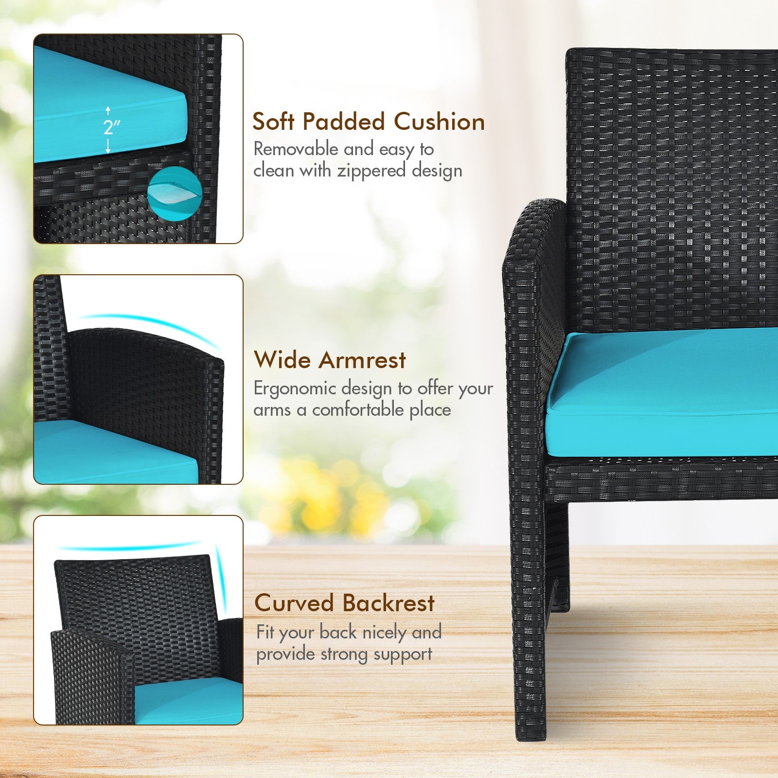 Ensemble de mobilier de patio en rotin 4 pièces avec coussins résistants aux intempéries et plateau de table en verre trempé-Turquoise