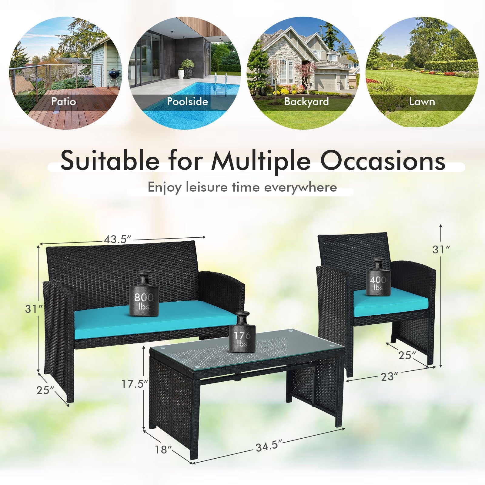Ensemble de mobilier de patio en rotin 4 pièces avec coussins résistants aux intempéries et plateau de table en verre trempé-Turquoise