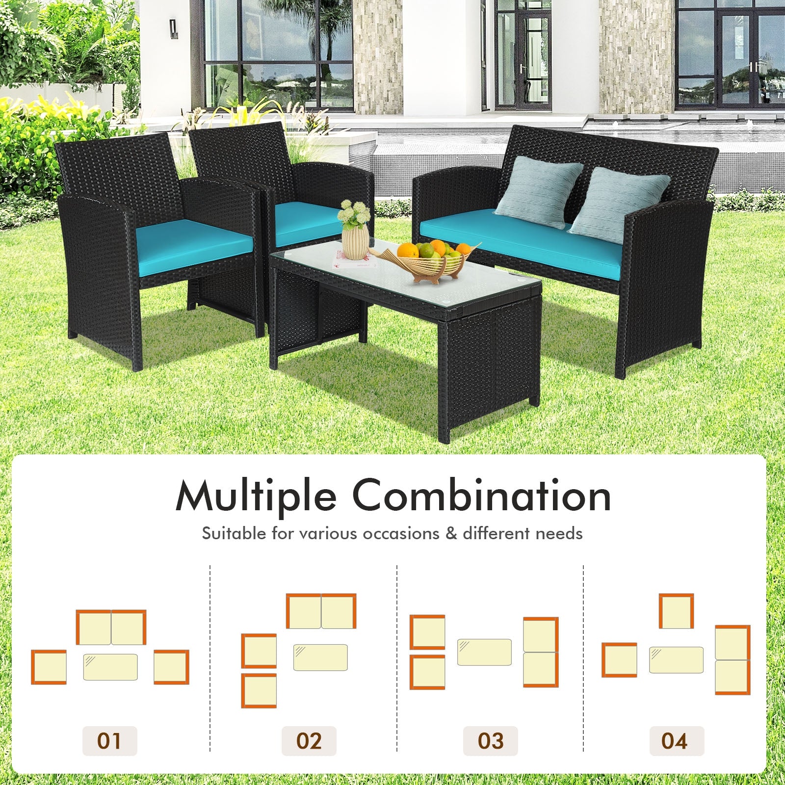 Ensemble de mobilier de patio en rotin 4 pièces avec coussins résistants aux intempéries et plateau de table en verre trempé-Turquoise