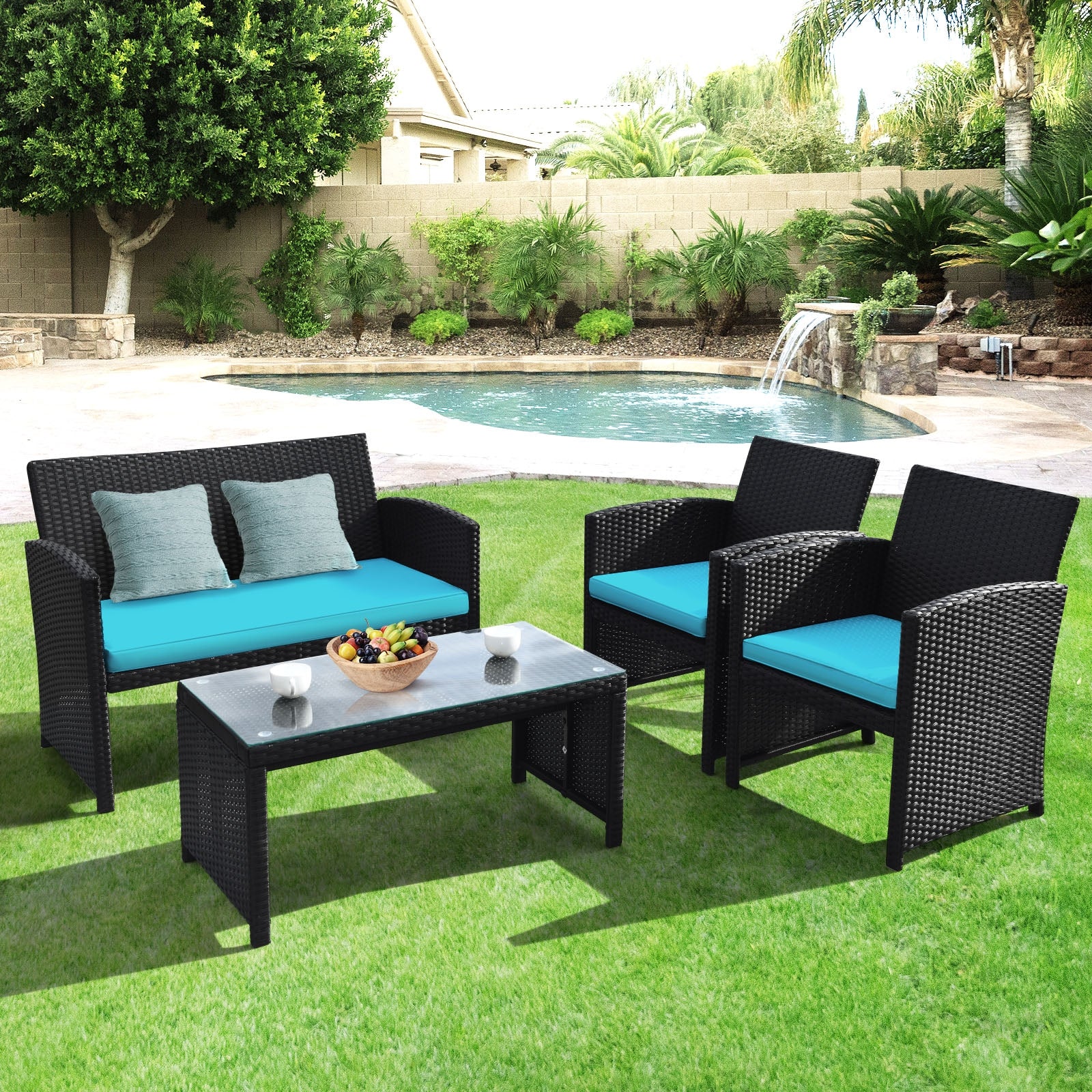 Ensemble de mobilier de patio en rotin 4 pièces avec coussins résistants aux intempéries et plateau de table en verre trempé-Turquoise