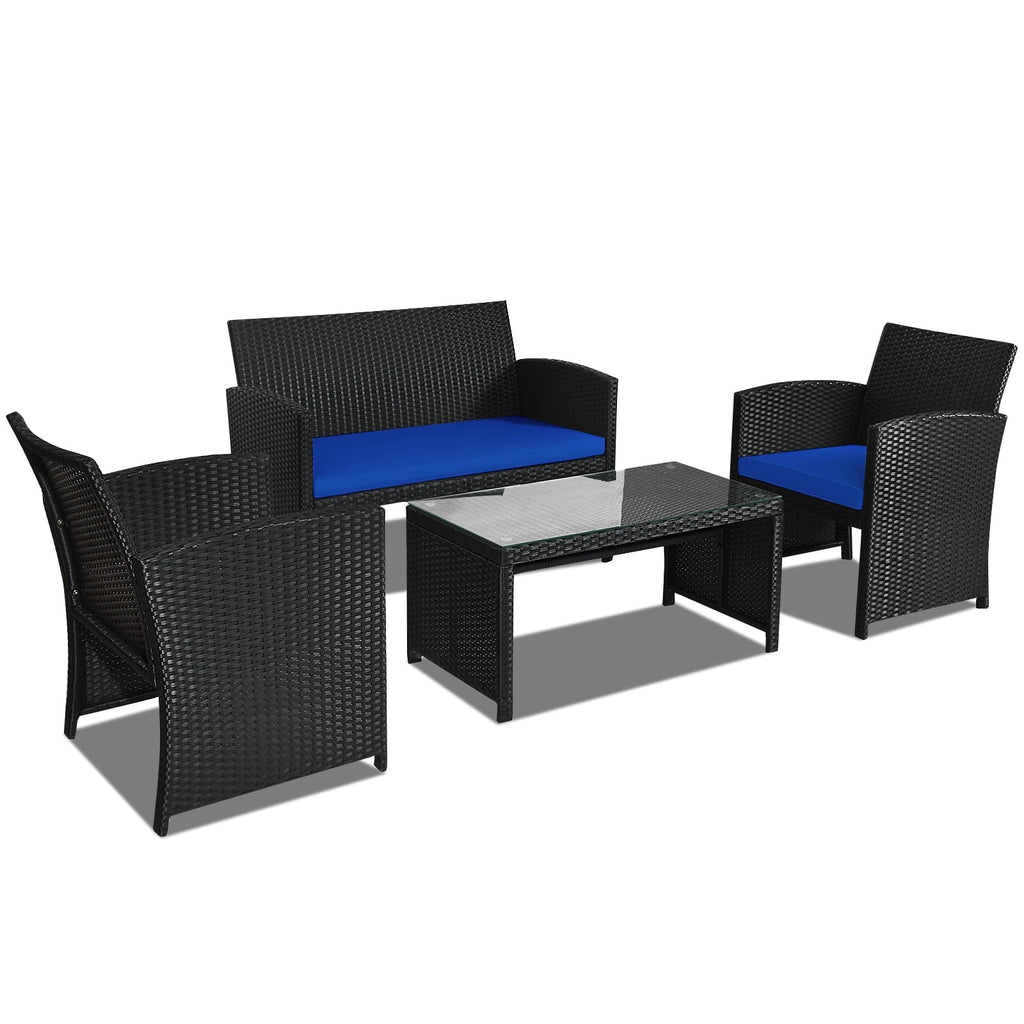 Ensemble de mobilier de patio en rotin 4 pièces avec coussins résistant aux intempéries et plateau de table en verre trempé - Bleu marine