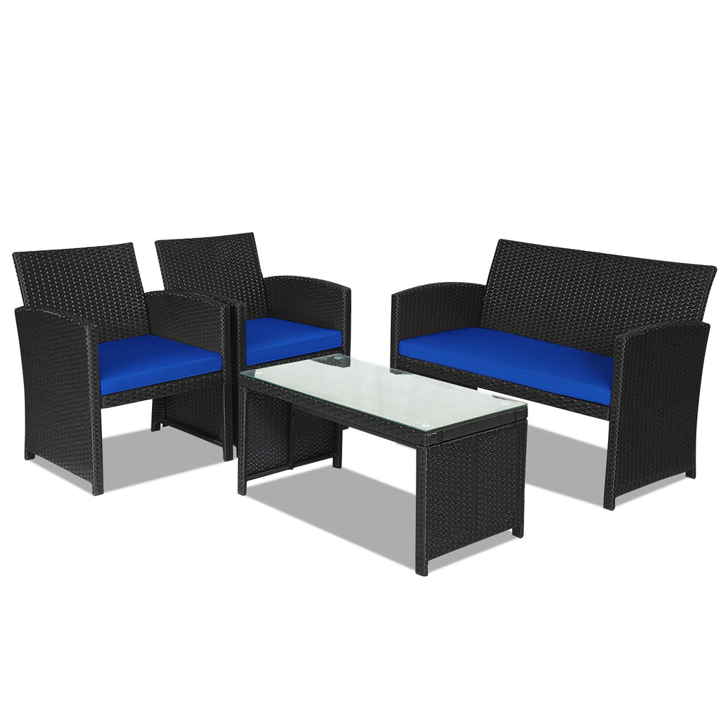 Ensemble de mobilier de patio en rotin 4 pièces avec coussins résistant aux intempéries et plateau de table en verre trempé - Bleu marine