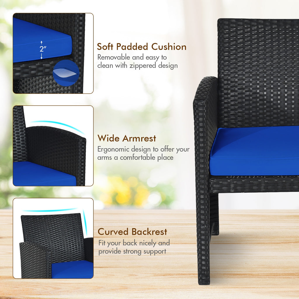 Ensemble de mobilier de patio en rotin 4 pièces avec coussins résistant aux intempéries et plateau de table en verre trempé - Bleu marine