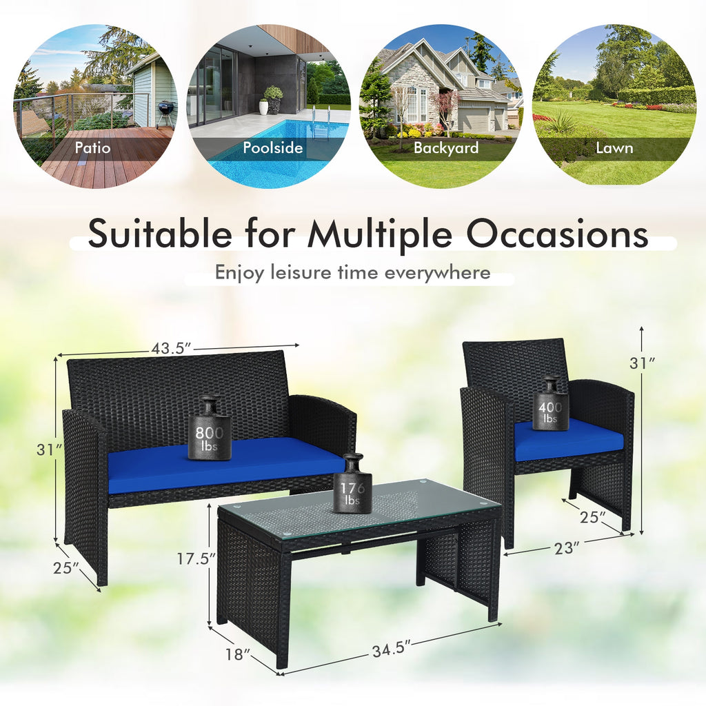 Ensemble de mobilier de patio en rotin 4 pièces avec coussins résistant aux intempéries et plateau de table en verre trempé - Bleu marine