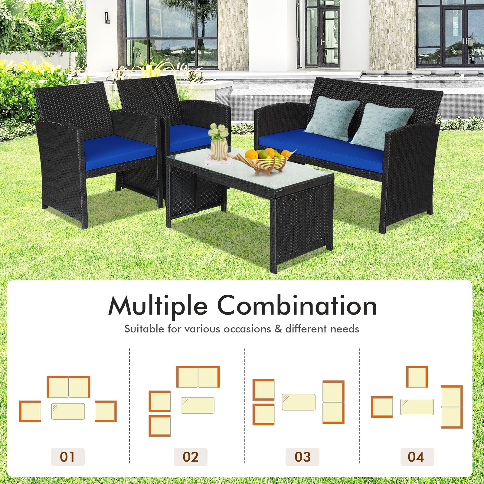 Ensemble de mobilier de patio en rotin 4 pièces avec coussins résistant aux intempéries et plateau de table en verre trempé - Bleu marine