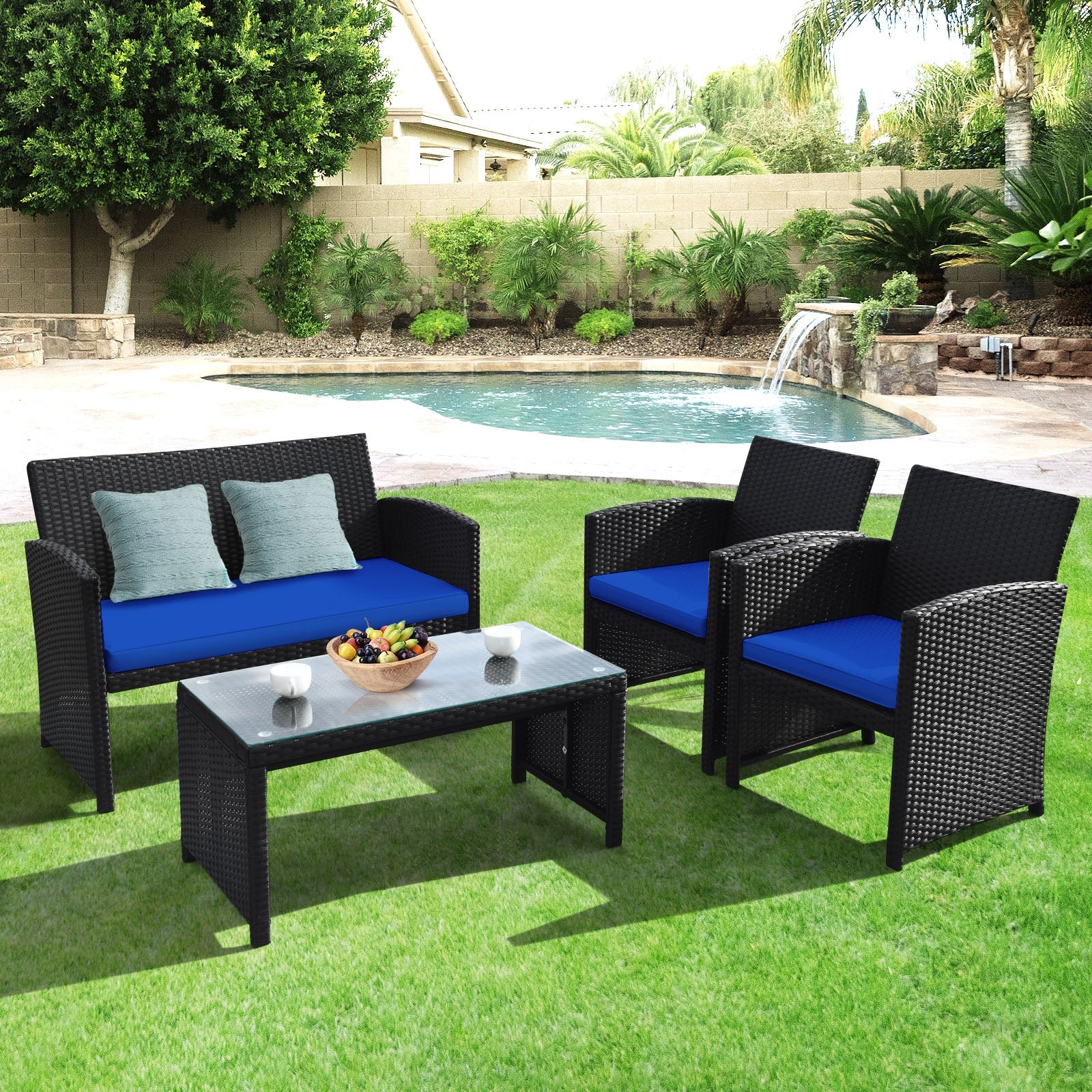 Ensemble de mobilier de patio en rotin 4 pièces avec coussins résistant aux intempéries et plateau de table en verre trempé - Bleu marine