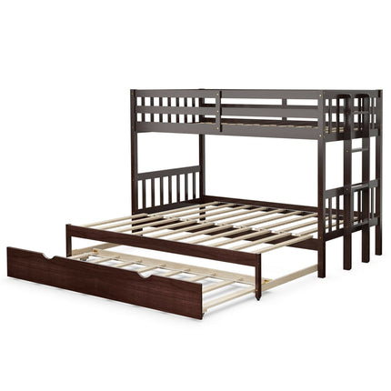 Twin Pull-Out Bunk Bed with Trundle Wooden Ladder-Dark Brown