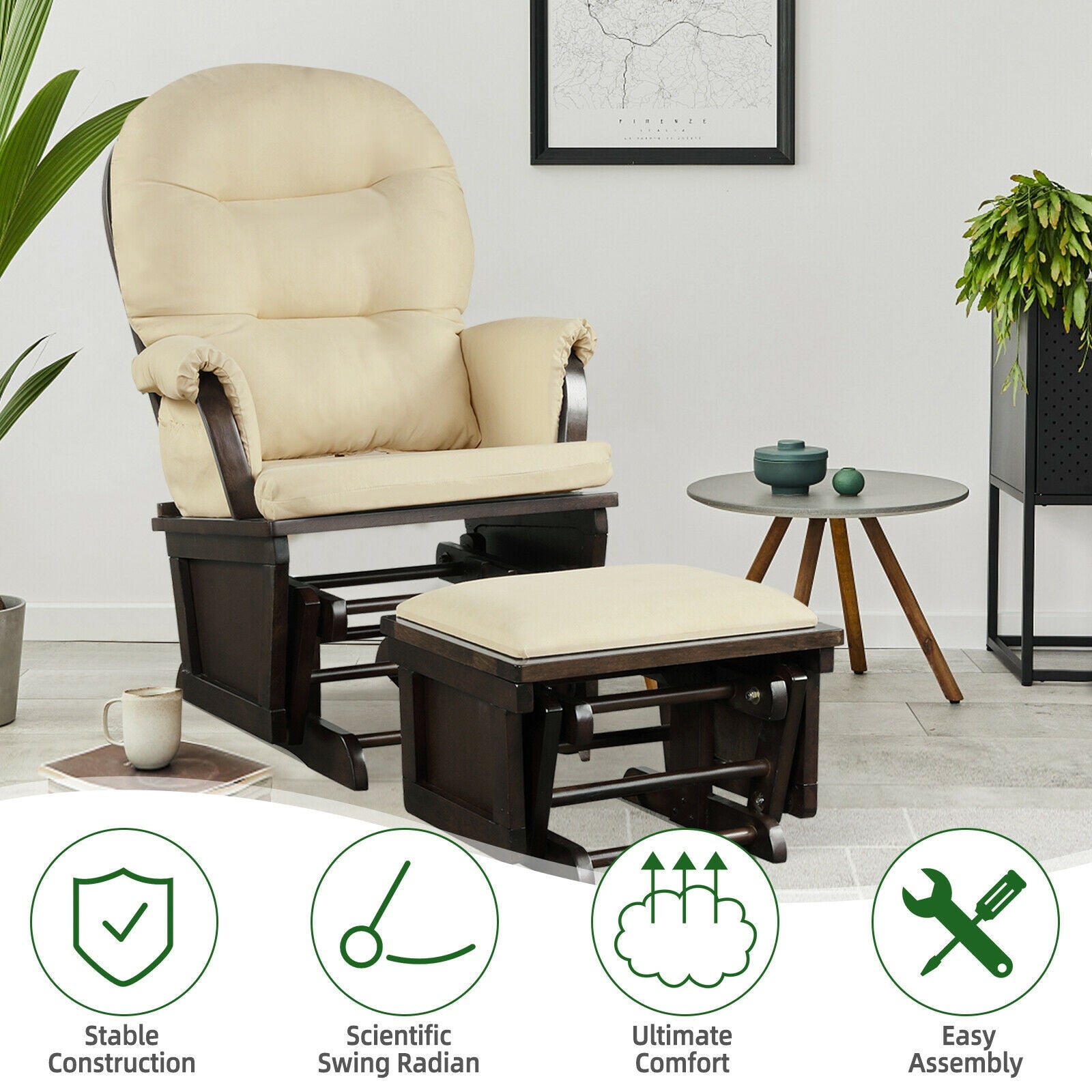 Wood Baby Glider and Ottoman Cushion Set with Padded Armrests for Nursing-Beige