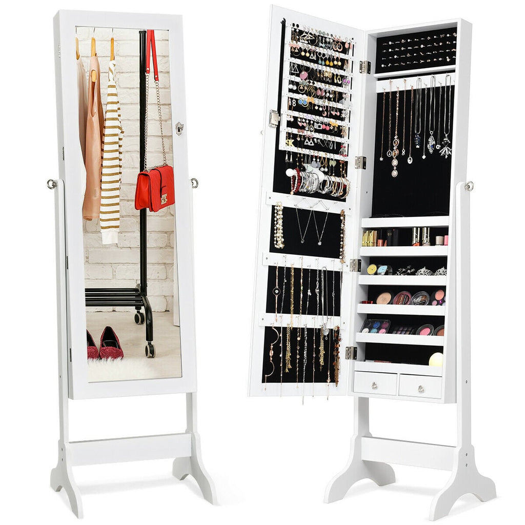 Lockable Mirrored Jewelry Cabinet Armoire Storage Organizer Box-White