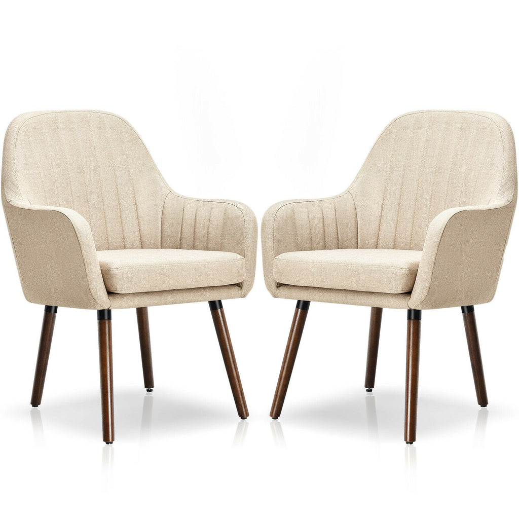 Set of 2 Fabric Upholstered Accent Chairs with Wooden Legs-Beige