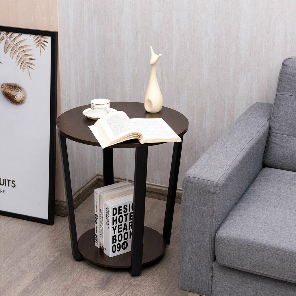 2-Tier Round End Table with Storage Shelf & Metal Frame-Walnut