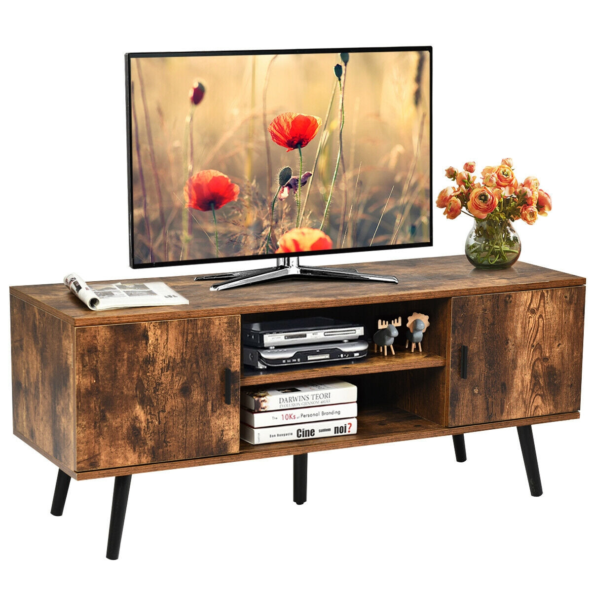 Industrial TV Stand with Storage Cabinets-Rustic Brown