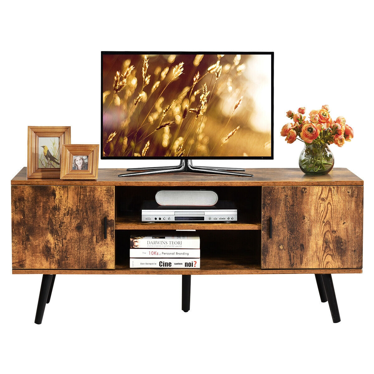 Industrial TV Stand with Storage Cabinets-Rustic Brown
