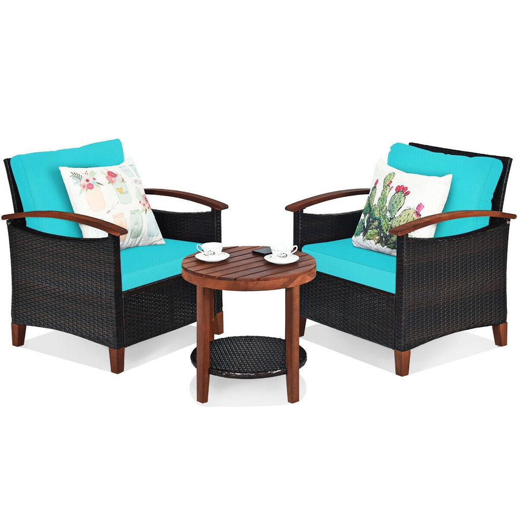 Ensemble de meubles de patio en rotin avec cadre en bois massif, 3 pièces - Turquoise