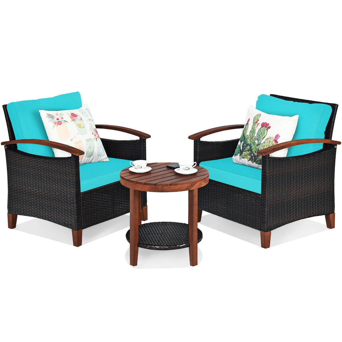 Ensemble de meubles de patio en rotin avec cadre en bois massif, 3 pièces - Turquoise