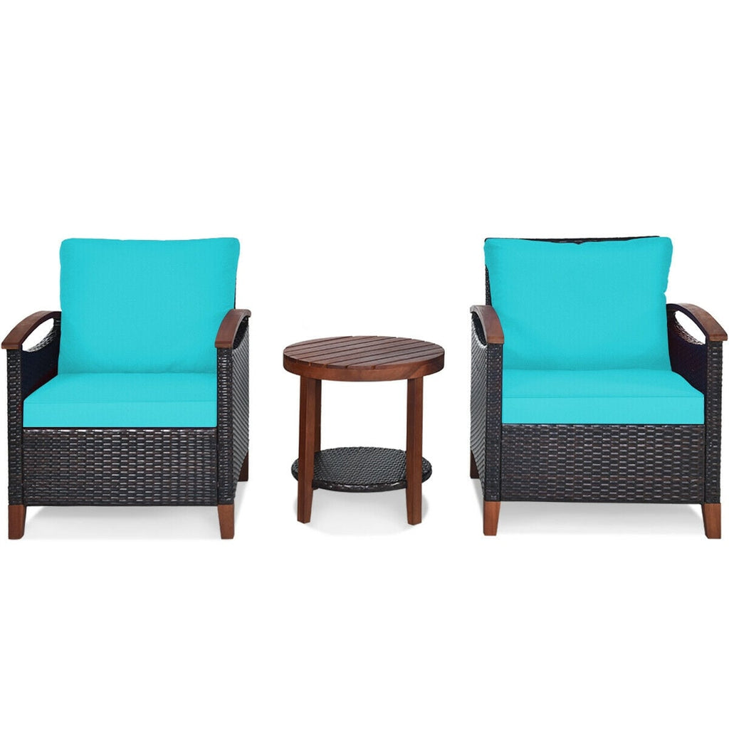 Ensemble de meubles de patio en rotin avec cadre en bois massif, 3 pièces - Turquoise