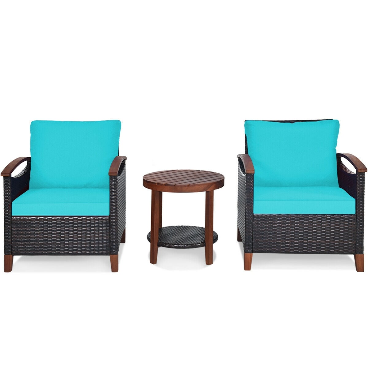 Ensemble de meubles de patio en rotin avec cadre en bois massif, 3 pièces - Turquoise