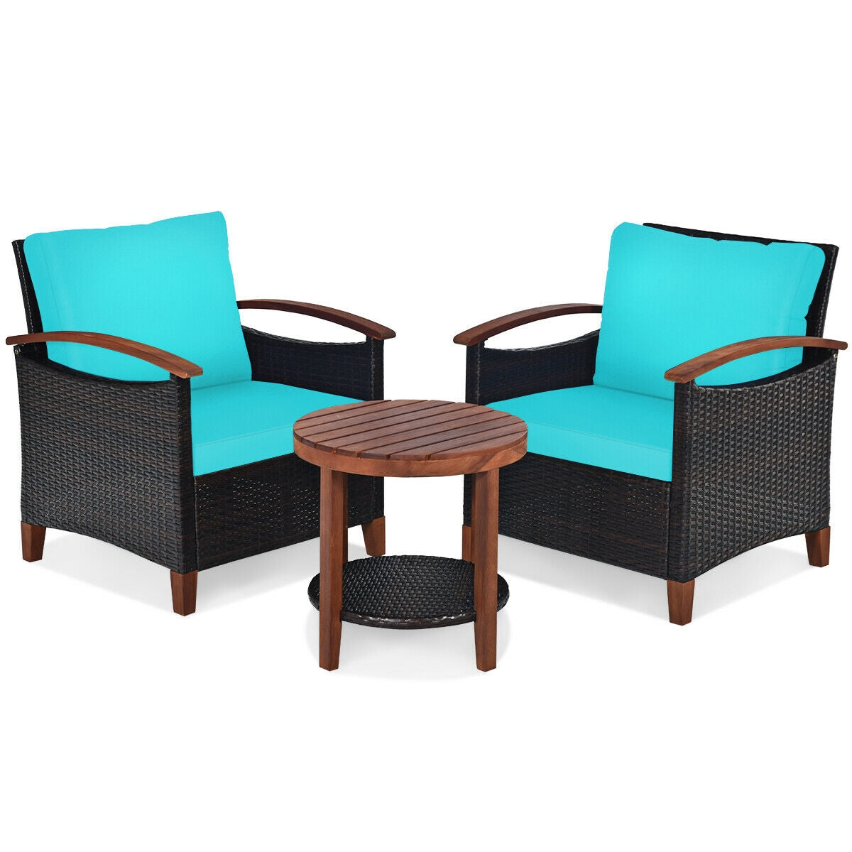 Ensemble de meubles de patio en rotin avec cadre en bois massif, 3 pièces - Turquoise