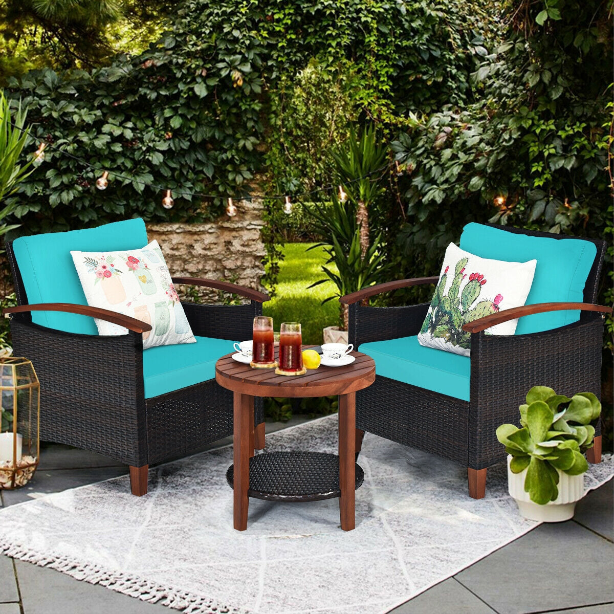 Ensemble de meubles de patio en rotin avec cadre en bois massif, 3 pièces - Turquoise