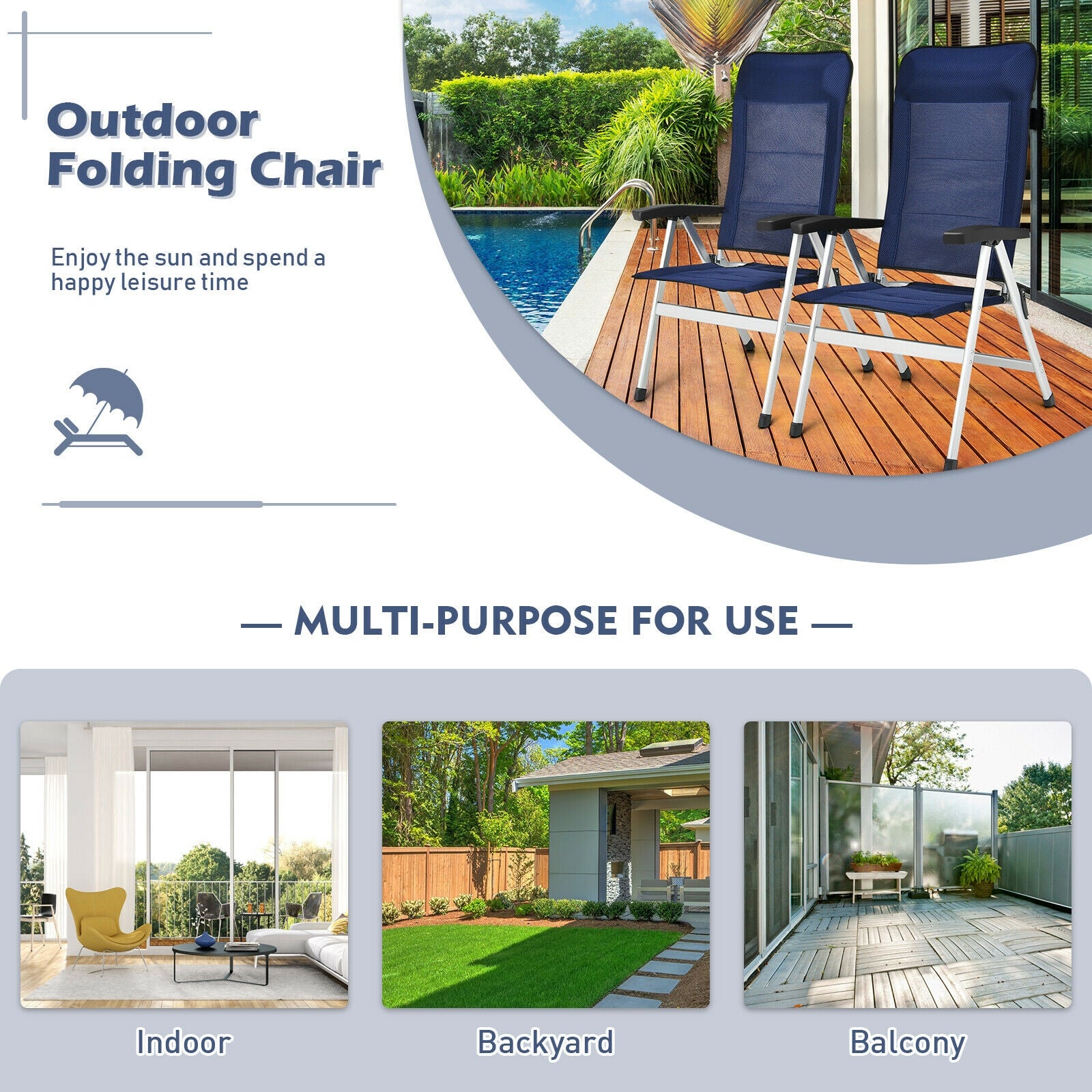 2 chaises de salle à manger de patio avec appui-tête portable réglable - Bleu