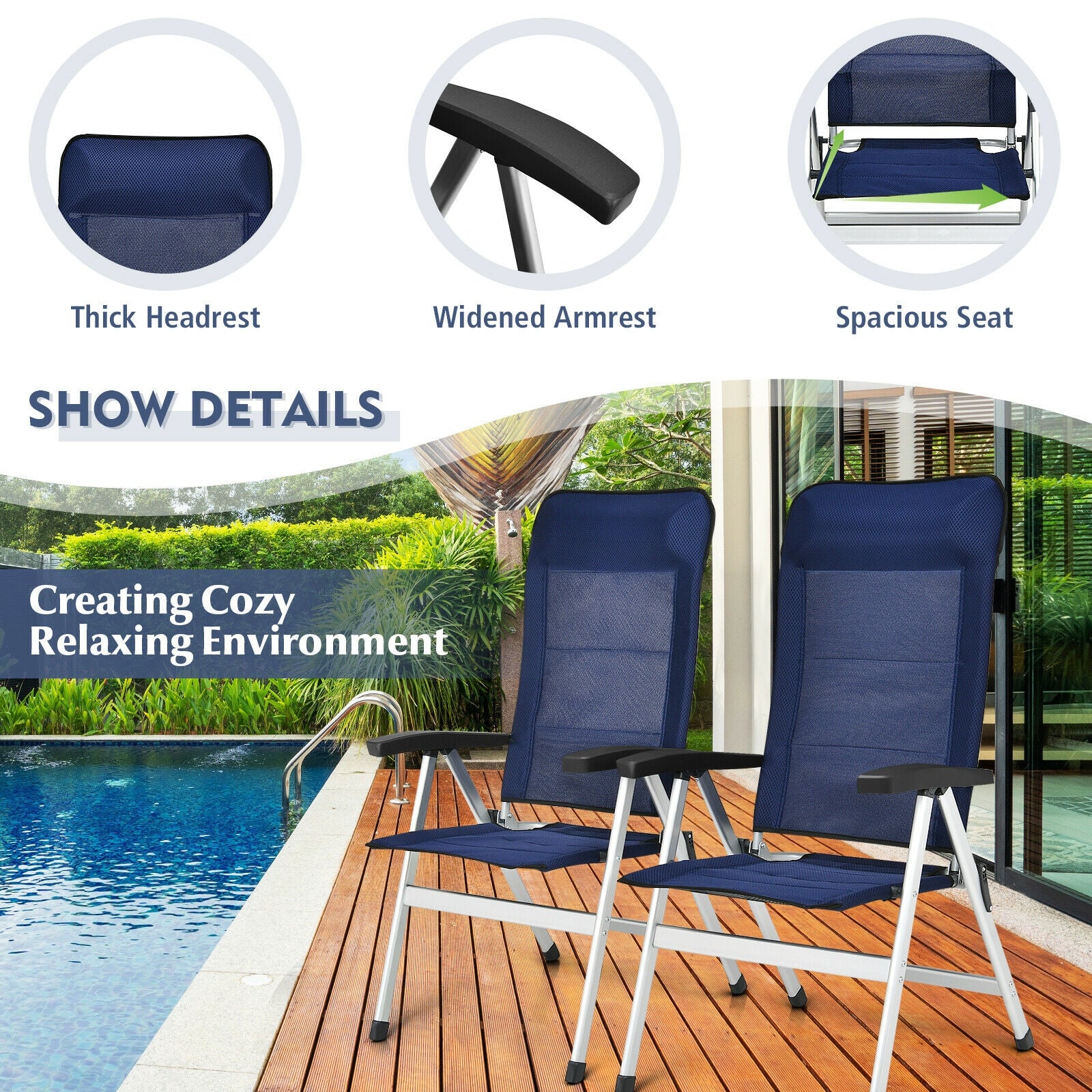 2 chaises de salle à manger de patio avec appui-tête portable réglable - Bleu