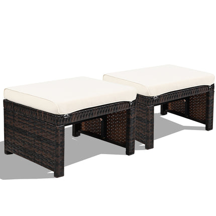 2 Pieces Patio Rattan Ottomans with Soft Cushion for Patio and Garden-White