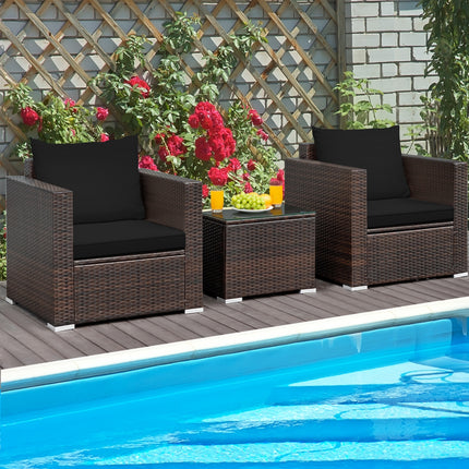 3 Pcs Patio Conversation Rattan Furniture Set with Cushion-Black