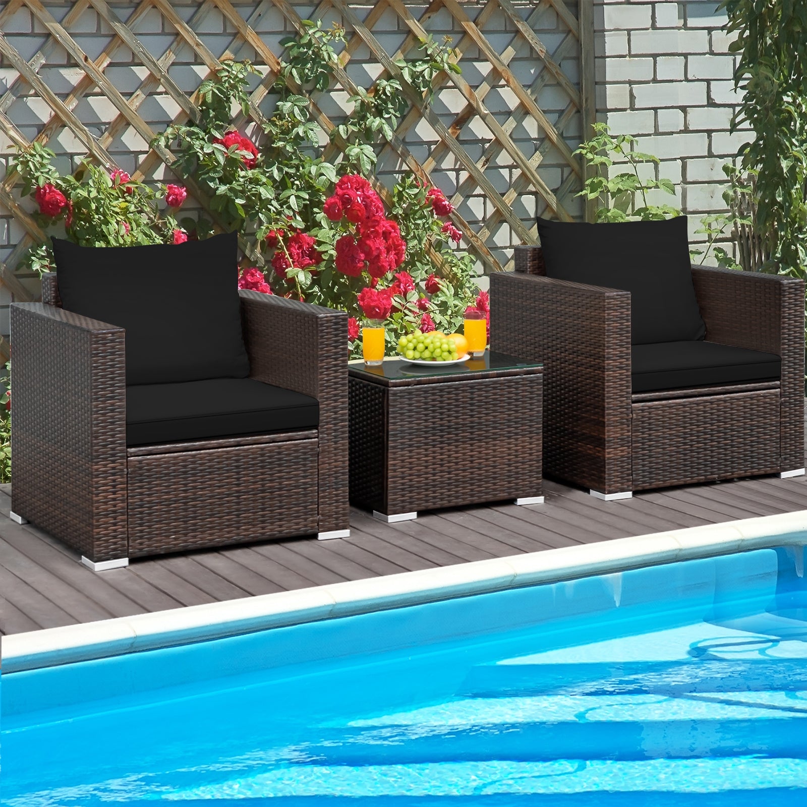 Ensemble de meubles de conversation en rotin 3 pièces avec coussin - Noir